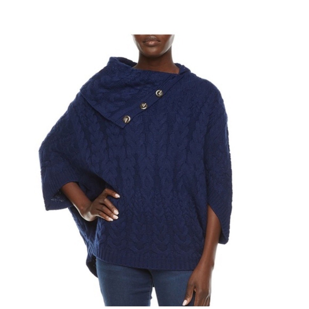 St. John Bay Poncho Sweater Navyblue Cable Knit Chunky Size Small